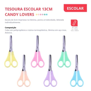 Tesoura Escolar Aço Sem Ponta 13cm Cores Tom Pastel