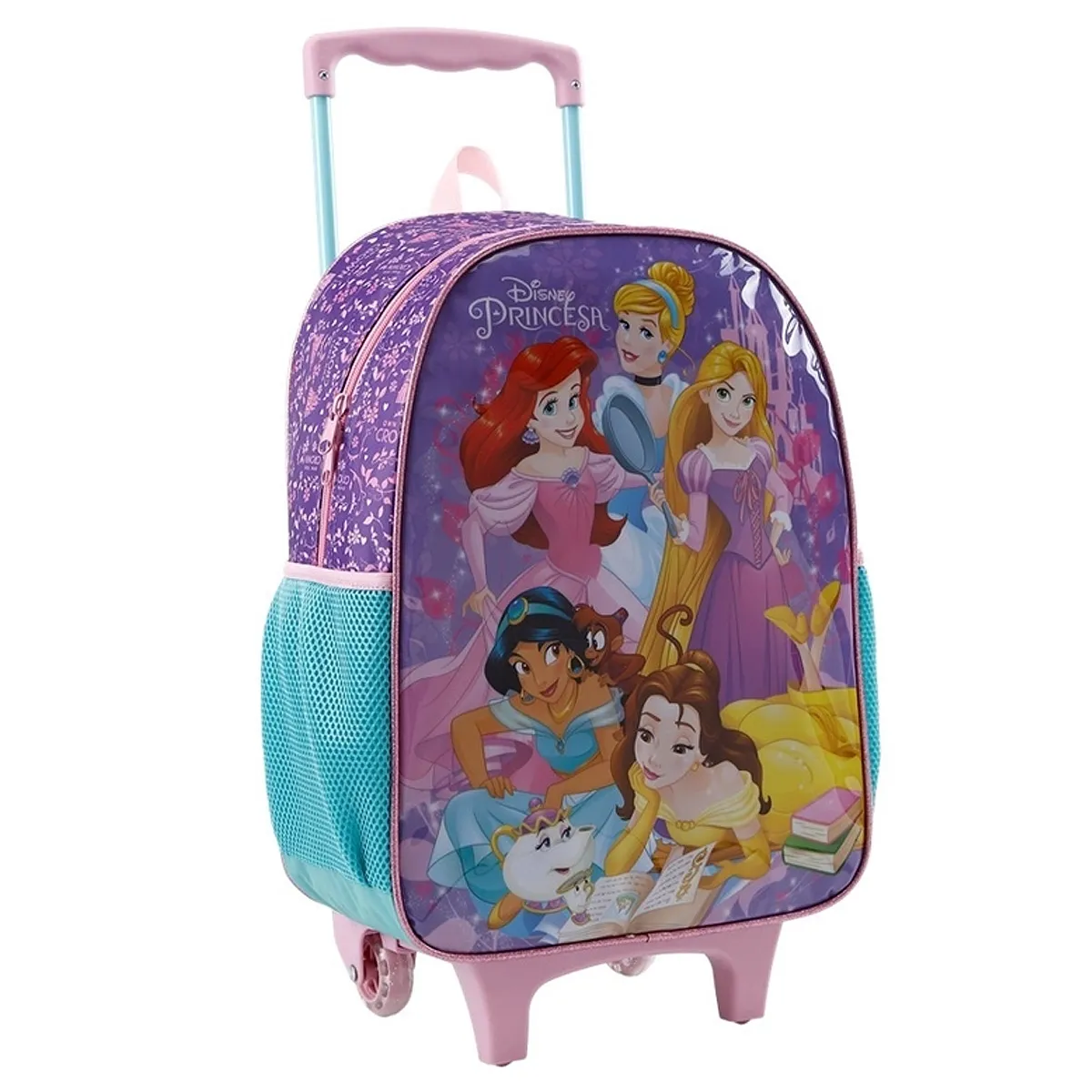 Mochila escolar rodinha infantil Princesas Disney roxo Xeryus - Imagem 3